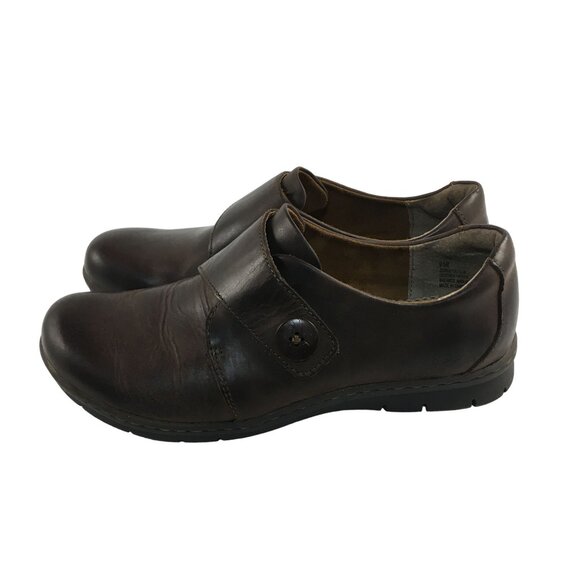 B.O.C BORN BROWN LEATHER ADJUSTABLE STRAP BUTTON SLIP ON COMFORT CLOGS WOMENS SI - Picture 5 of 8